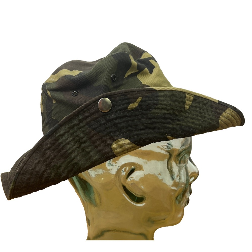 Vintage Woodland Camo Boonie Hat Wide Brim Snap‎ Up Bush Hat Mens 22.5 Inch